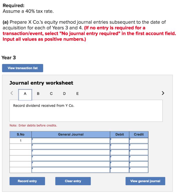Required: Assume a 40% tax rate. (a) Prepare X Co.s equity method journal entries subsequent to the date of acquisition for