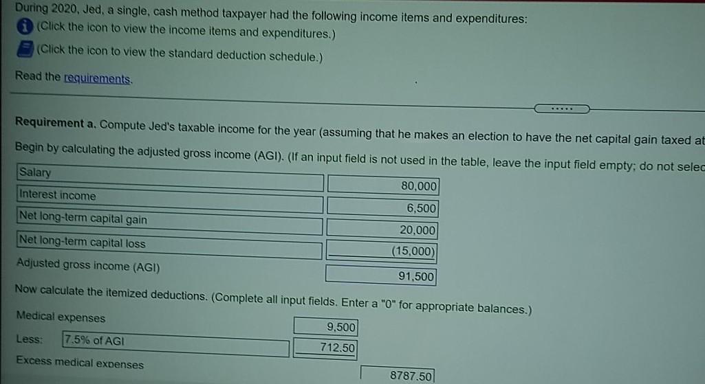 During 2020. Jed, a single, cash method taxpayer had the following income items and expenditures: (Click the icon to view the