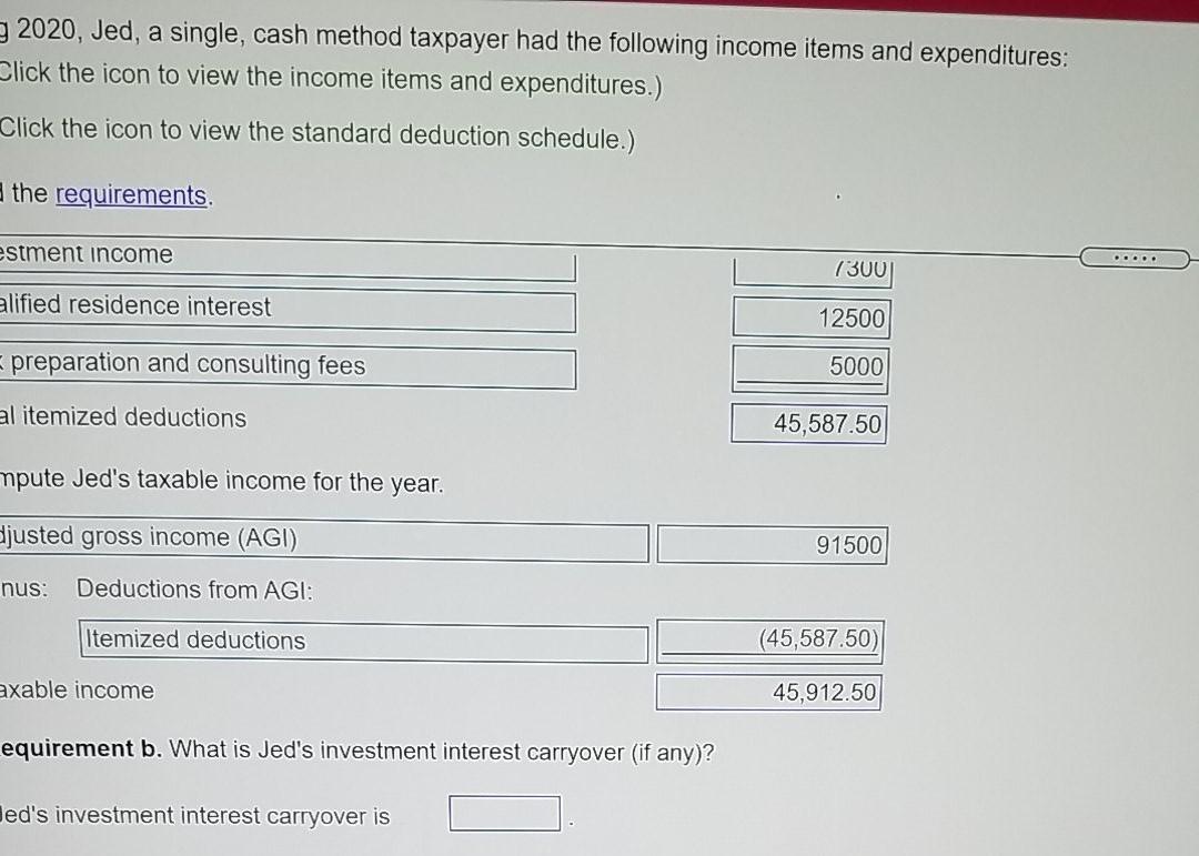2020, Jed, a single, cash method taxpayer had the following income items and expenditures: Click the icon to view the income