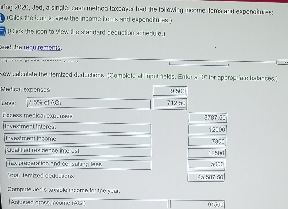 uring 2020, Jed, a single, cash method taxpayer had the following income items and expenditures: (Click the icon to view the