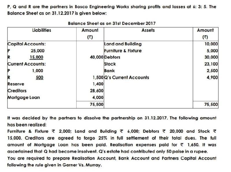 P, Q and R are the partners in Bosco Engineering Works sharing profits and losses at 6: 3:5. TheBalance Sheet as on 31.12.20