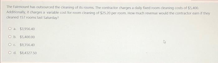 The Fairmount has outsourced the cleaning of its rooms. The contractor charges