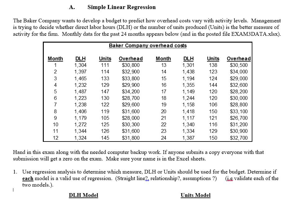 A. Simple Linear Regression The Baker Company wants to develop a budget to predict how overhead costs vary
