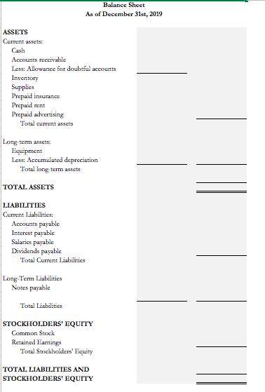 Balance SheetAs of December 31st, 2019ASSETSCurrent assets:CashAccounts receivableLess: Allowance for doubtful accounts