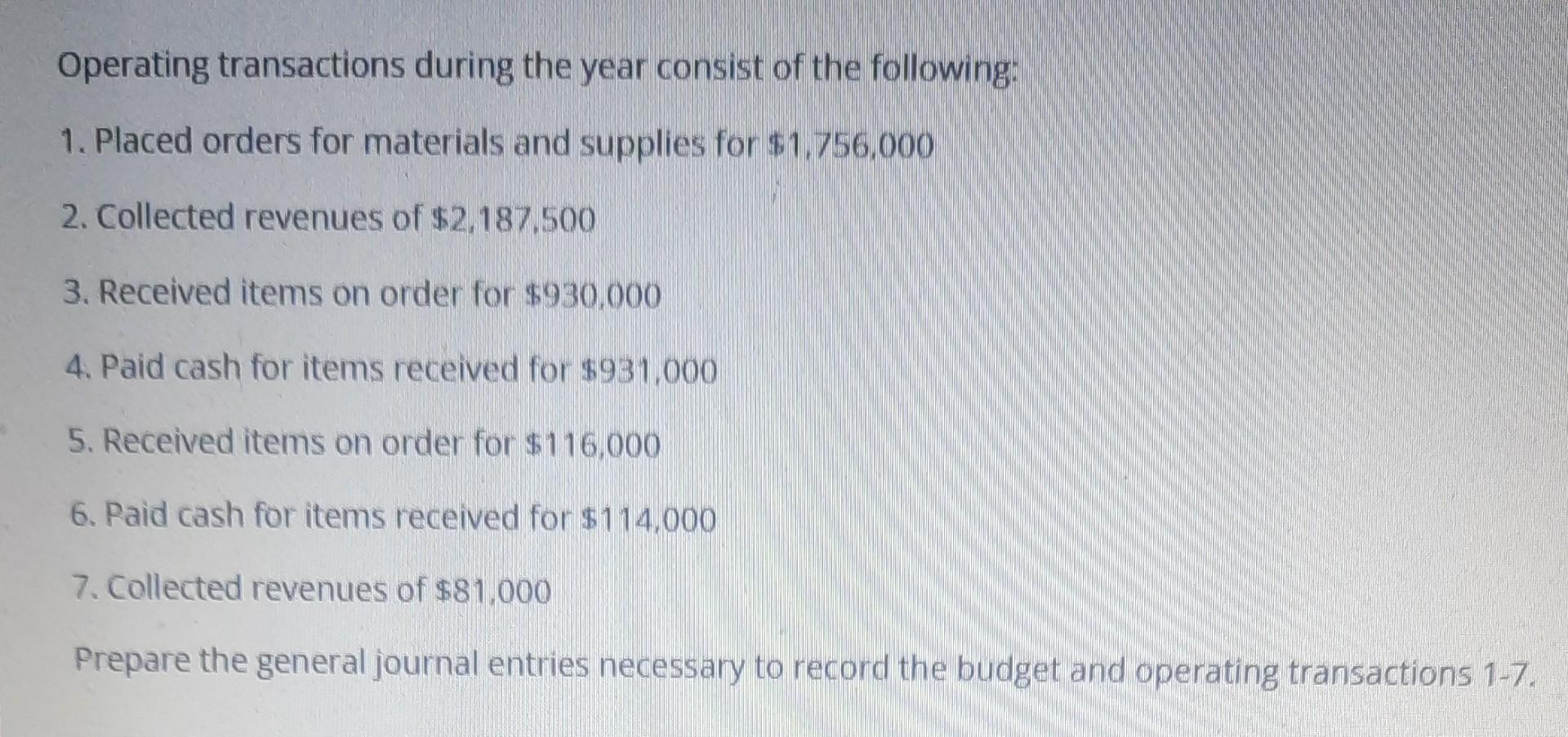 Operating transactions during the year consist of the following1. Placed orders for materials and supplies for $1.756,0002.