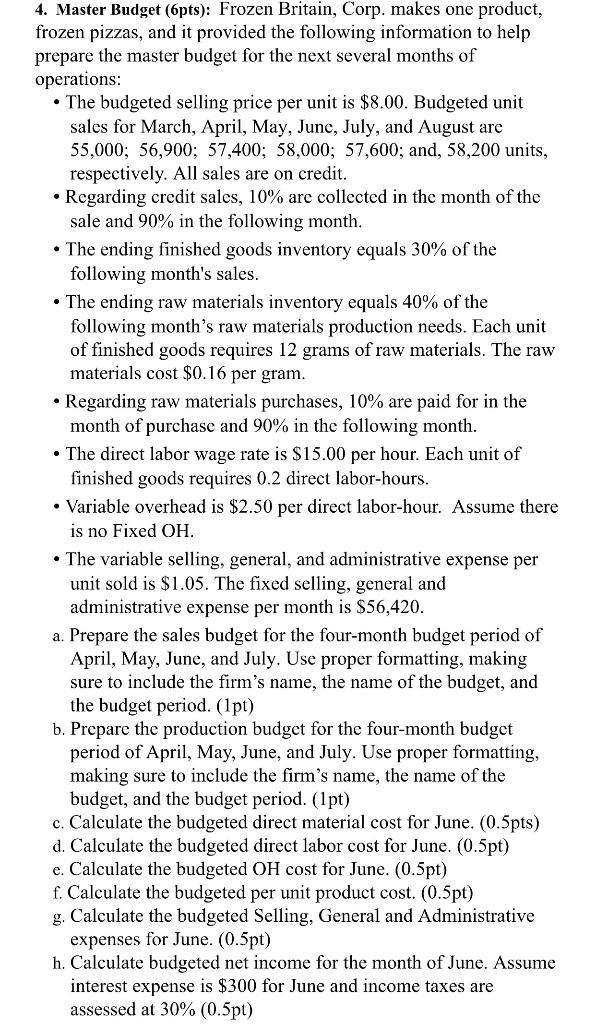 4. Master Budget (6pts): Frozen Britain, Corp. makes one product,frozen pizzas, and it provided the following information to