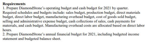 Requirements 1. Prepare DiamondStones operating budget and cash budget for 2021 by quarter. Required schedules and budgets i