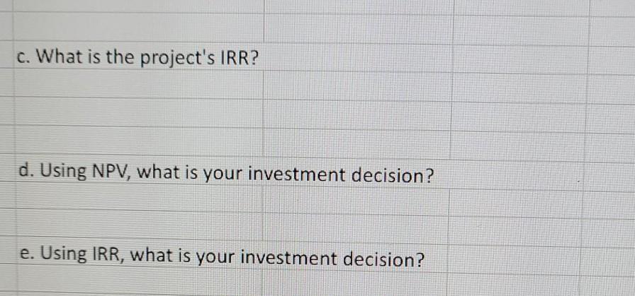 c. What is the projects IRR? d. Using NPV, what is your investment decision? e. Using IRR, what is your investment decision?