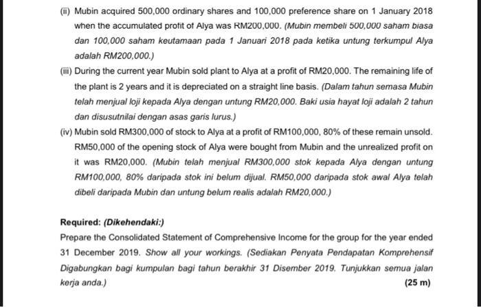 (m) Mubin acquired 500,000 ordinary shares and 100,000 preference share on 1 January 2018 when the accumulated profit of Alya