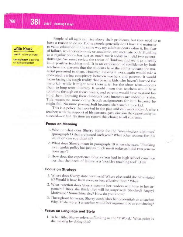 768 38i Unit 9 Reading Essays WORD POWER merit value or worth conspiracy a joining or acting together People