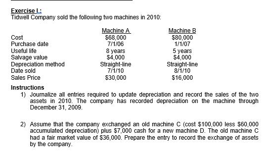 Exercise L:Tidwell Company sold the following two machines in 2010:Machine AMachine BCost$68,000$80,000Purchase date7