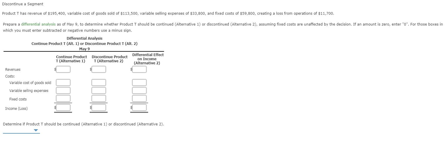 Discontinue a SegmentProduct T has revenue of $195,400, variable cost of goods sold of $113,500, variable selling expenses o