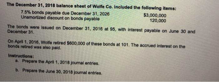 The December 31, 2018 balance sheet of Wolfe Co. Included the following items: 7.5% bonds payable due December 31, 2026 $3,00