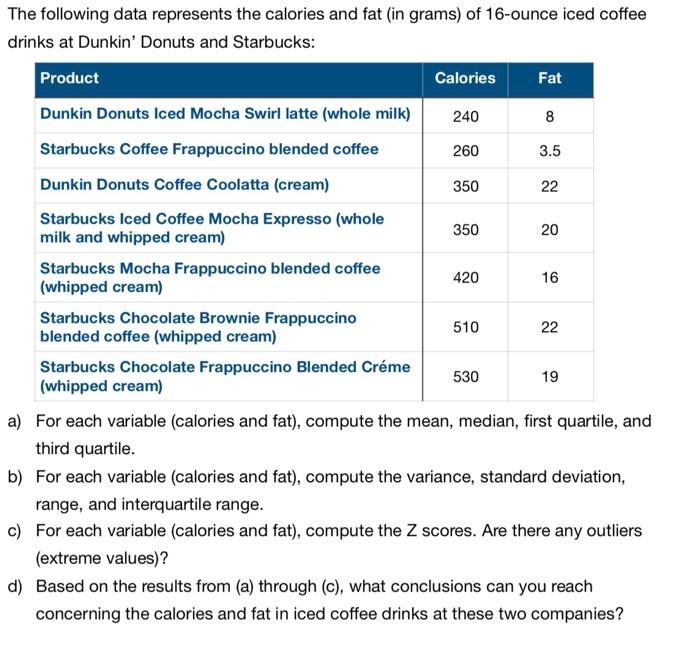 The following data represents the calories and fat (in grams) of 16-ounce iced coffee drinks at Dunkin Donuts and Starbucks: