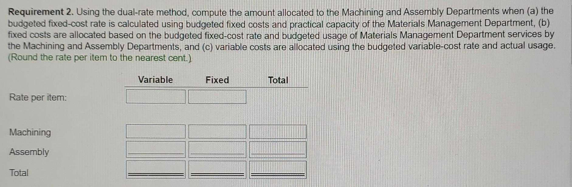 Requirement 2. Using the dual-rate method, compute the amount allocated to the Machining and Assembly Departments when (a) th