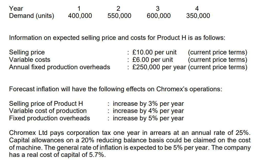 Year Demand (units) 1400,000 2550,000 3600,000 4350,000 Information on expected selling price and costs for Product H is