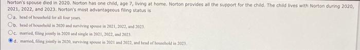 Nortons spouse died in 2020. Norton has one child, age 7, living at home. Norton provides all the support for the child. The