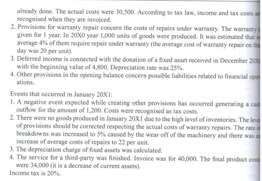 already done. The actual costs were 30,500. According to tax law, income and tax costs a recognised when they are invoiced. 2