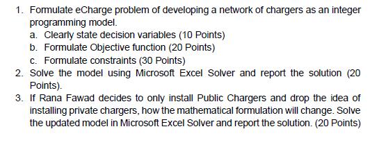 1. Formulate eCharge problem of developing a network of chargers as an integer programming model. a. Clearly state decision v