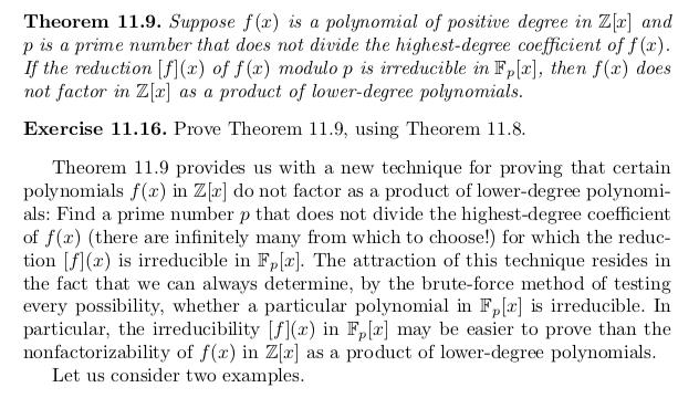 Theorem 11.9. Suppose f(x) is a polynomial of positive degree in Z[x] andp is a prime number that does not divide the highes