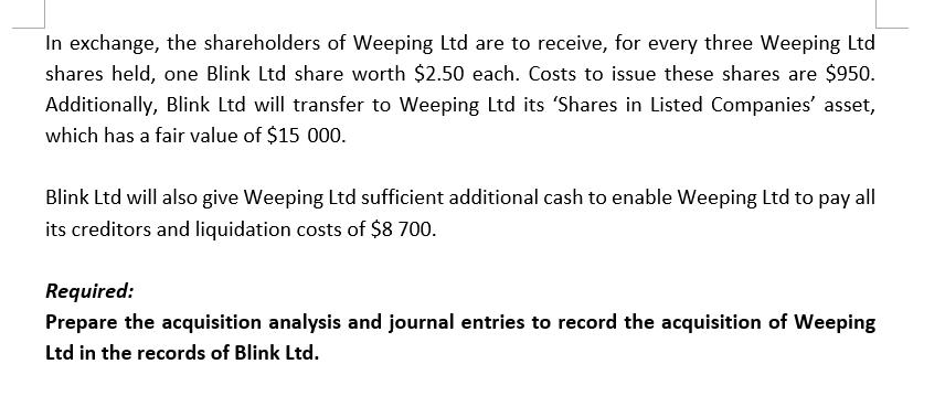 In exchange, the shareholders of Weeping Ltd are to receive, for every three Weeping Ltd shares held, one Blink Ltd share wor