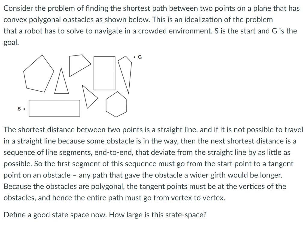 Consider the problem of finding the shortest path between two points on a plane that hasconvex polygonal obstacles as shown