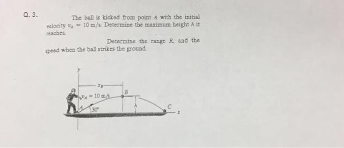 The ball is kicked from point A with the initial velocity vA- 10 m/s. Determine the maximum height h it reaches Determine the range R, and the speed when the ball strikes the ground. 10 30