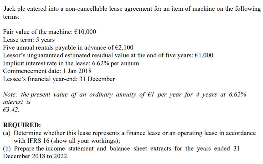 Jack plc entered into a non-cancellable lease agreement for an item of machine on the followingterms:Fair value of the mach