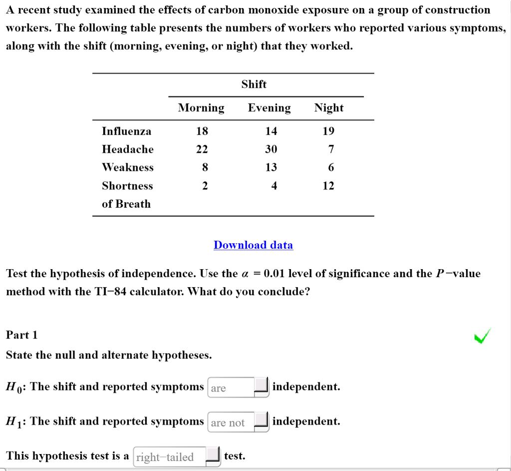 A recent study examined the effects of carbon monoxide exposure on a group of construction workers. The following table presents the numbers of workers who reported various symptoms, along with the shift (morning, evening, or night) that they worked Shift Mornin g Evening Night 18 14 30 13 19 Influenza Headache Weakness Shortness of Breath 12 Download data Test the hypothesis of independence. Use the a-: 0.01 level of significance and the P-value method with the TI-84 calculator. What do vou conclude? Part 1 State the null and alternate hypotheses. Ho: The shift and reported symptoms are H1: The shift and reported symptoms are not This hypothesis test is a right tailed independent. independent test.