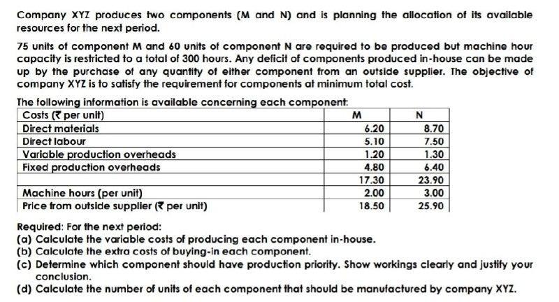 Company XYZ produces two components (M and N) and is planning the allocation of its availableresources for the next period.