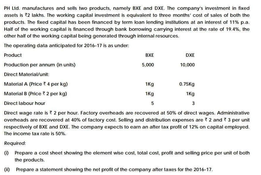 1kgPH Ltd. manufactures and sells two products, namely BXE and DXE. The companys investment in fixedassets is 2 lakhs. The