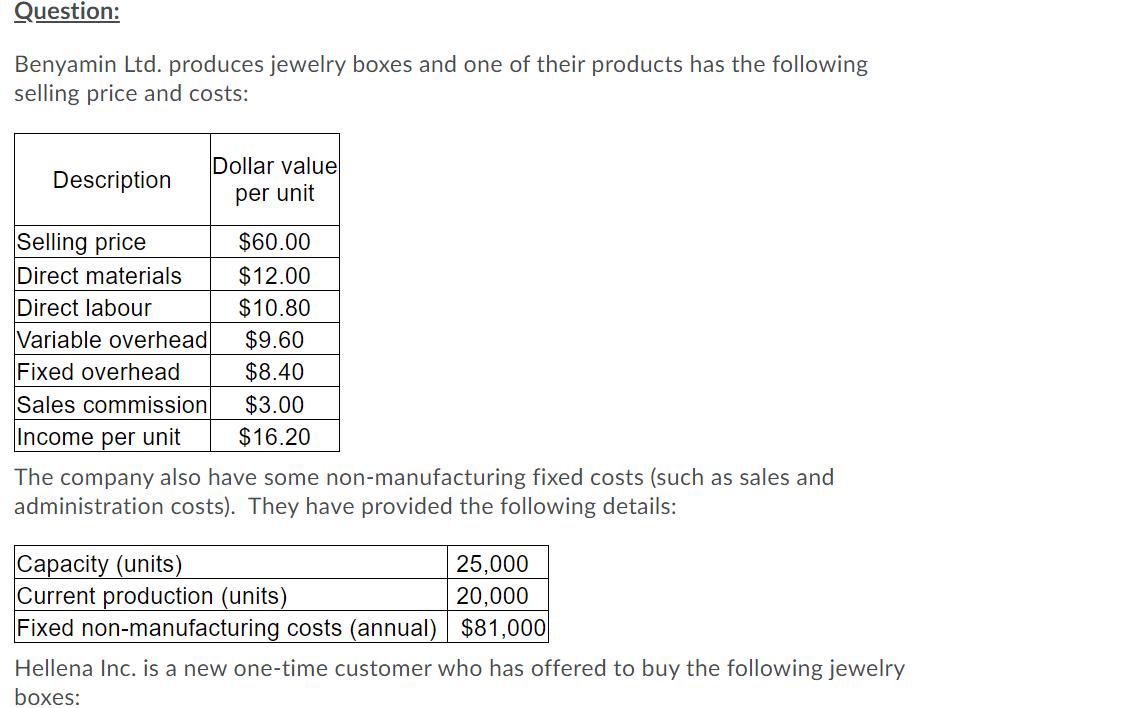 Question:Benyamin Ltd. produces jewelry boxes and one of their products has the followingselling price and costs:Dollar va