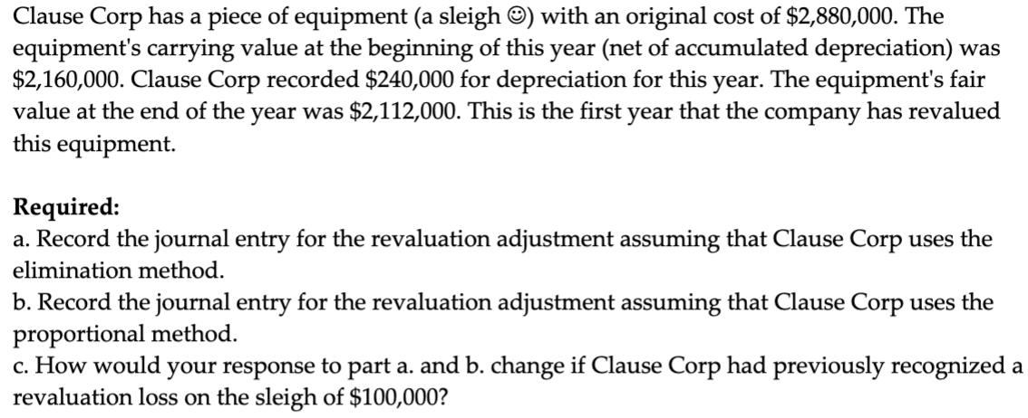 Clause Corp has a piece of equipment (a sleigh ) with an original cost of $2,880,000. Theequipments carrying value at the b