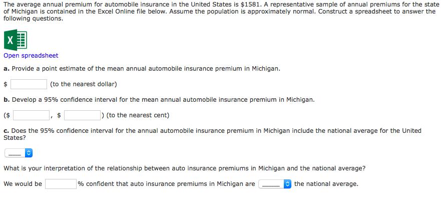 The average annual premium for automobile insurance in the United States is $1581. A representative sample of annual premiums