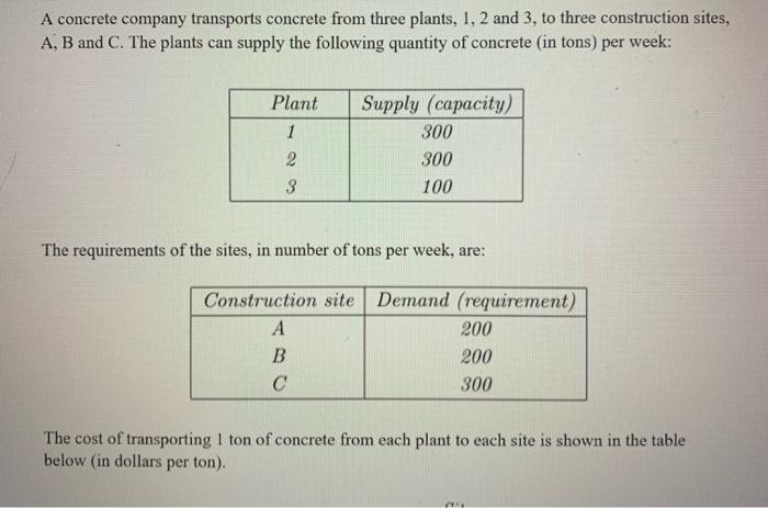 A concrete company transports concrete from three plants, 1, 2 and 3, to three construction sites,A, B and C. The plants can