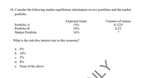10. Consider the following market equilibrium information on two portfolios and the market portfolio.