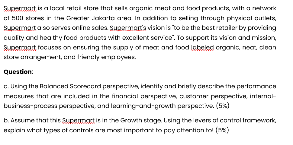 Supermart is a local retail store that sells organic meat and food products, with a networkof 500 stores in the Greater Jaka