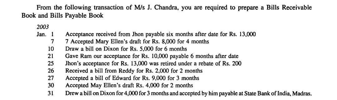 From the following transaction of M/s J. Chandra, you are required to prepare a Bills ReceivableBook and Bills Payable Book