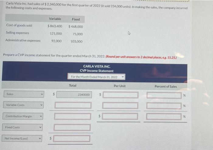 Carla Vista Inc. had sales of $2,340,000 for the first quarter of 2022 (it sold 234,000 units). In making the sales, the comp