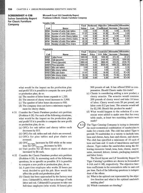 156 CHAPTER 4 LINEAR PROGRAMMING SENSITIVITY ANALYSIS SCREENSHOT 4-138 Solver Sensitivity Report for Classic