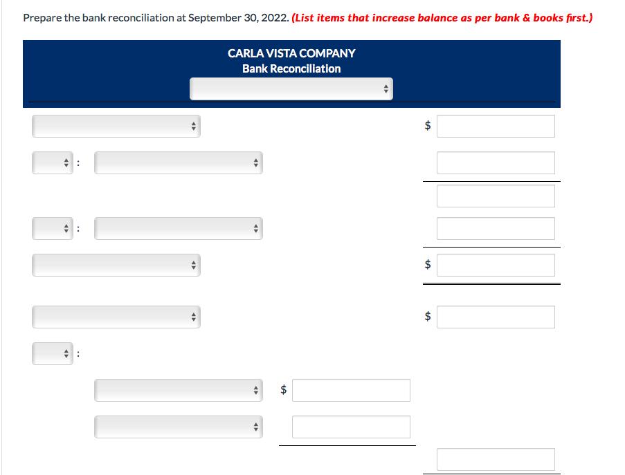 Prepare the bank reconciliation at September 30, 2022. (List items that increase balance as per bank & books first.) CARLA VI