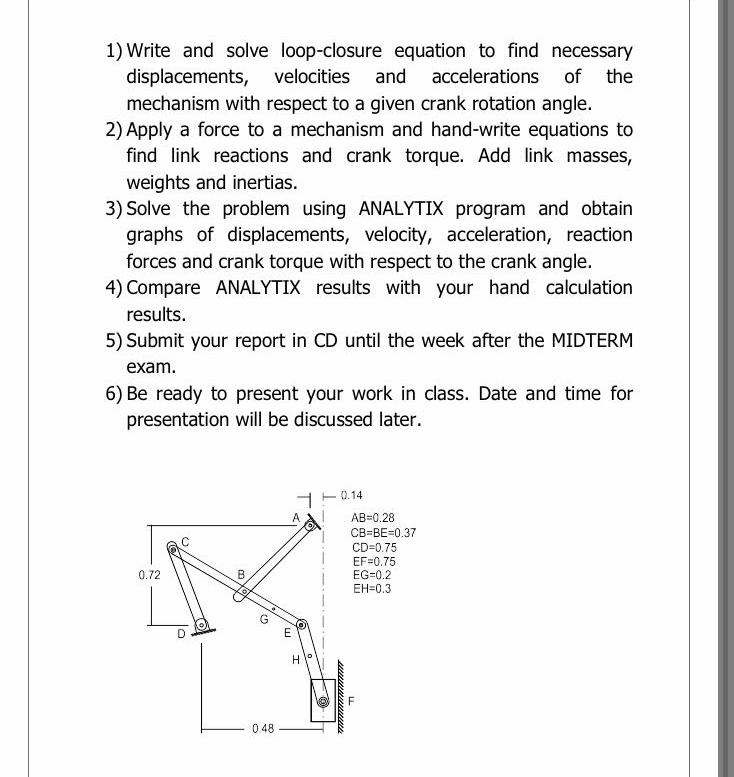 1) Write and solve loop-closure equation to find necessary displacements, velocities and