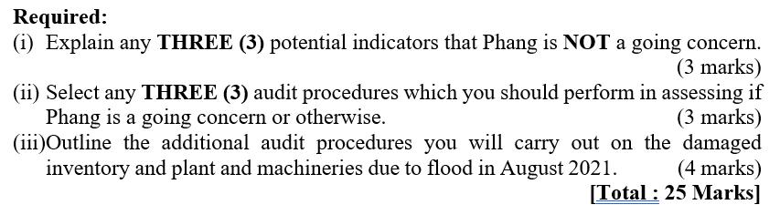 Required:(i) Explain any THREE (3) potential indicators that Phang is NOT a going concern.(3 marks)(ii) Select any THREE (