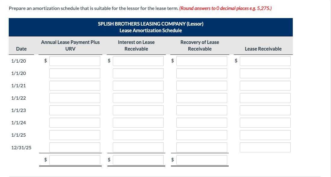 Prepare an amortization schedule that is suitable for the lessor for the lease term. (Round answers to decimal places e.g. 5,