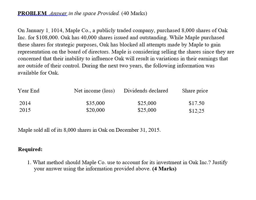 PROBLEM Answer in the space Provided. (40 Marks) On January 1, 1014, Maple Co., a publicly traded company,