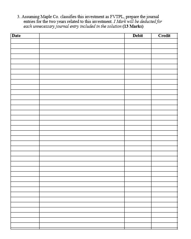 3. Assuming Maple Co. classifies this investment as FVTPL, prepare the journal entries for the two years