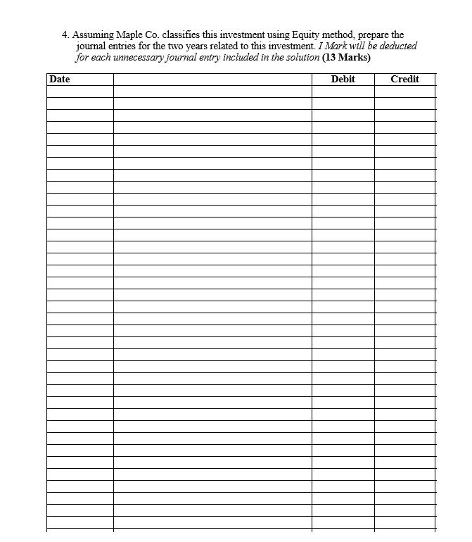 4. Assuming Maple Co. classifies this investment using Equity method, prepare the journal entries for the two