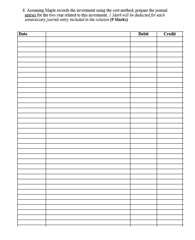 6. Assuming Maple records the investment using the cost method, prepare the journal entries for the two year