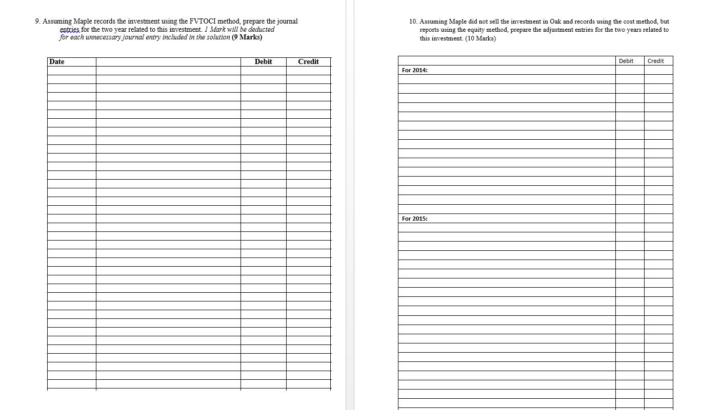 9. Assuming Maple records the investment using the FVTOCI method, prepare the journal entries for the two