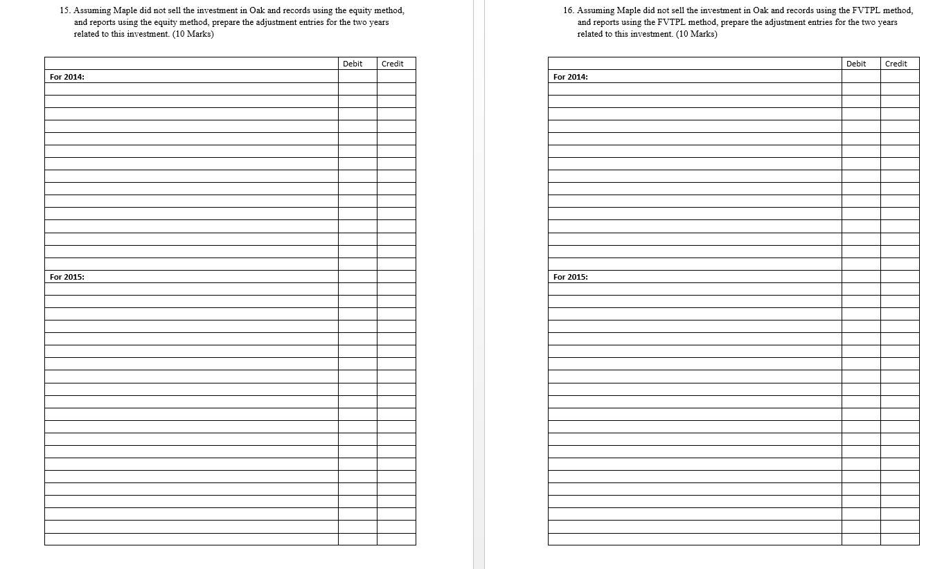 15. Assuming Maple did not sell the investment in Oak and records using the equity method, and reports using